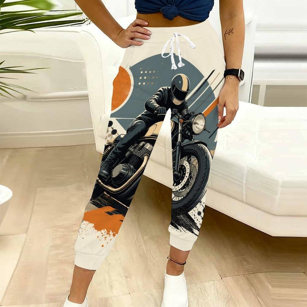Women Plus Size White Cartoon Construction Vehicle Printed Drawstring Waist Jogger Pants Side Pockets Cuffed Ankle