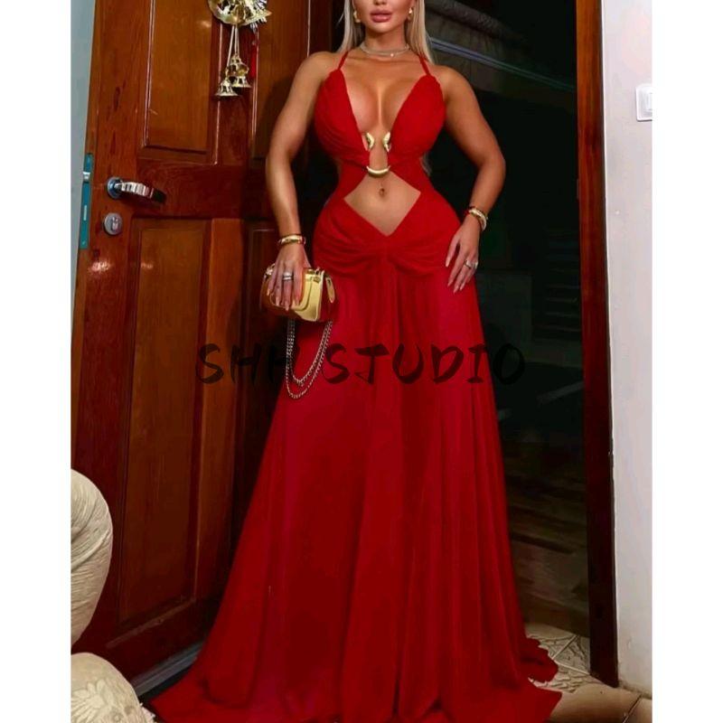 Summer New Product Women's Clothes Sexy Wind V Neck Sleeveless High Waist Metal Decorative Exposed Navel Long Sling Dress