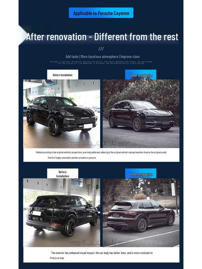 18-23 Porsche Cayenne Carbon Fiber Body Kit: Front Lip, Rear Lip, Side Skirts, Fender Flares, Roof Spoiler & Wind Deflectors