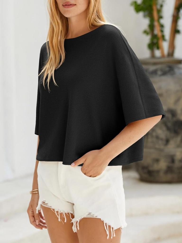 Maglione da Donna Oversize a Maniche Corte in Maglia Scollo a Barca Fantasia Pullover Autunnale