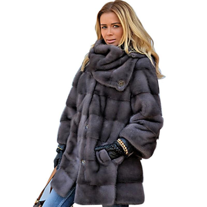 Gray Mid-Length Women's Faux Mink Fur Coat with Long Sleeves