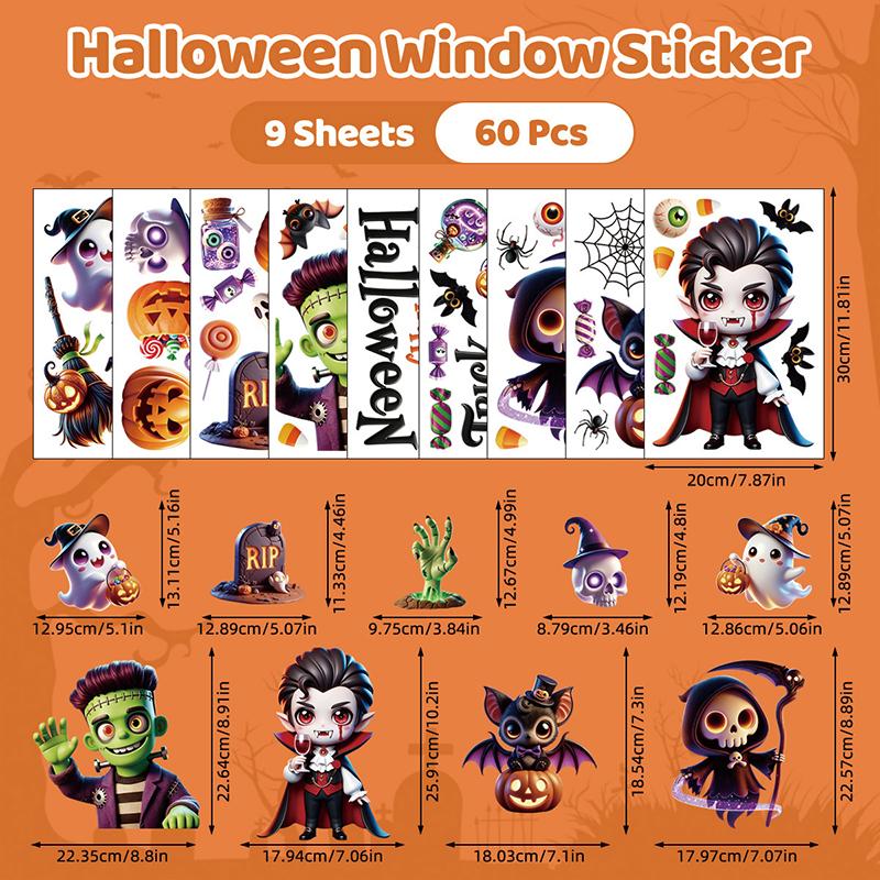 6/8/9 Sheets Halloween Window Clings Cute Ghost Pumpkin Bat Removable Self Adhesive For Home Party Glass Decor
