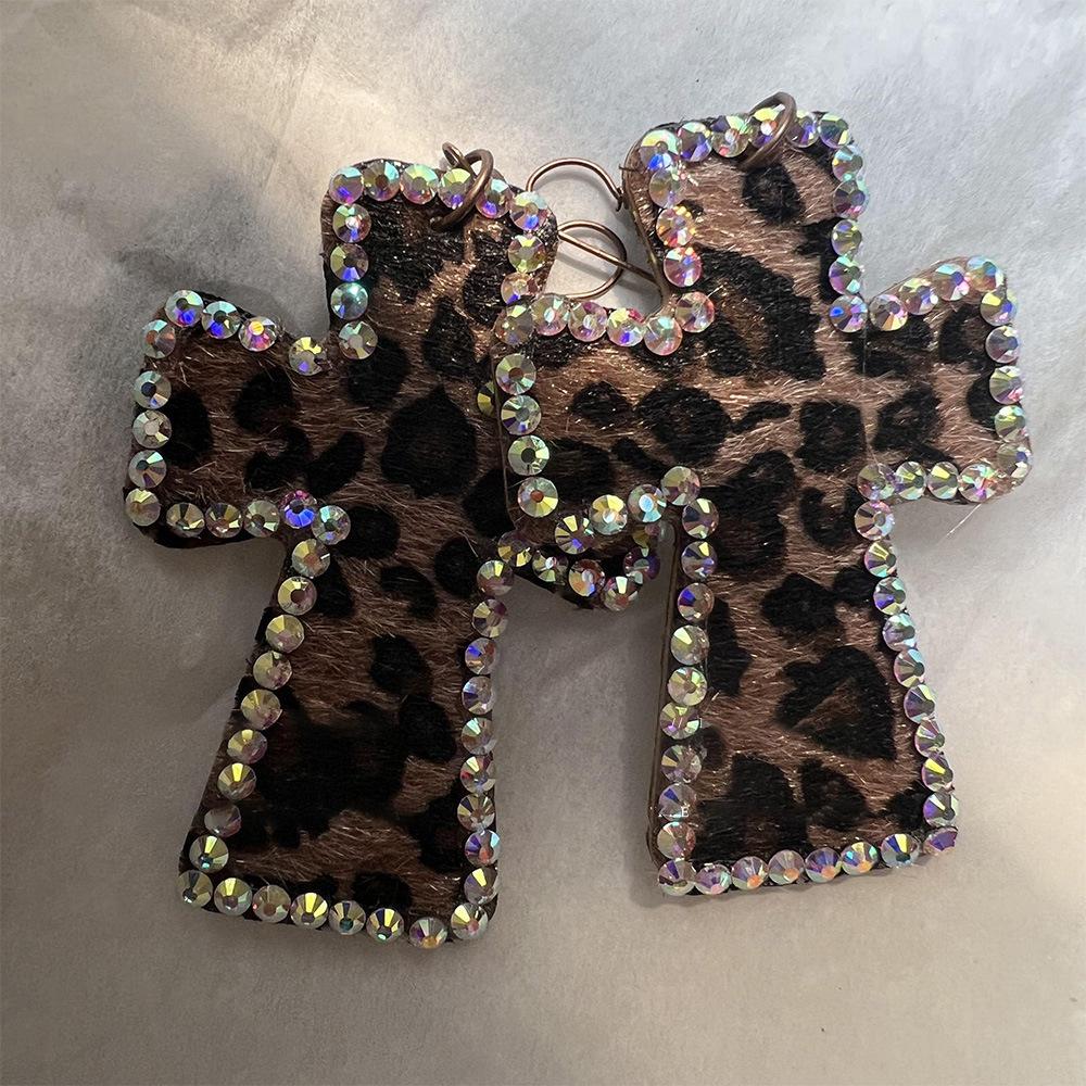 Exaggerated Shiny Crystal Leopard Print Cross Earrings for Women Gorl Sexy Charm Earring Vintage Goth Y2K Jewelry Accessories