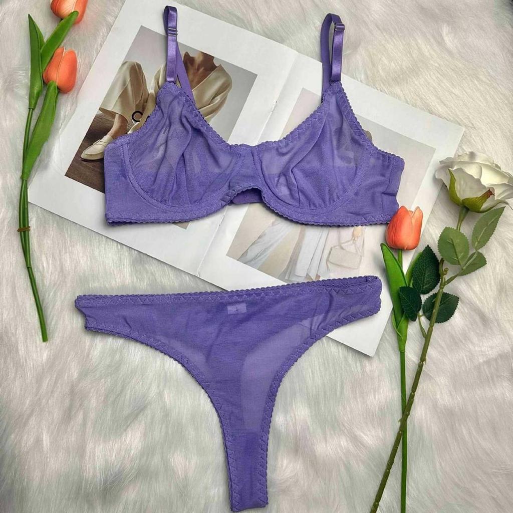 Sheer Mesh Bra & Thong Lingerie Set with Garter