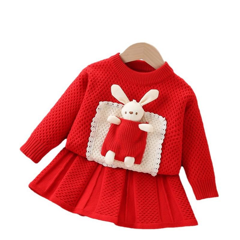 Girls Knit Skirt Set Cute Cartoon Long Sleeve Top Fall Winter Outfit