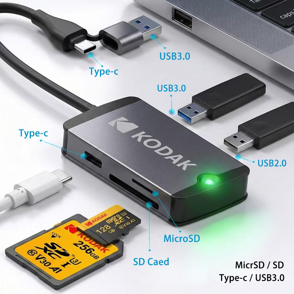 Kodak USB C Hub USB3.0 Type-c Ports with MicroSD Card Adapter SD Card Reader for Phones Tablets MacBook Laptops(Requires OTG)