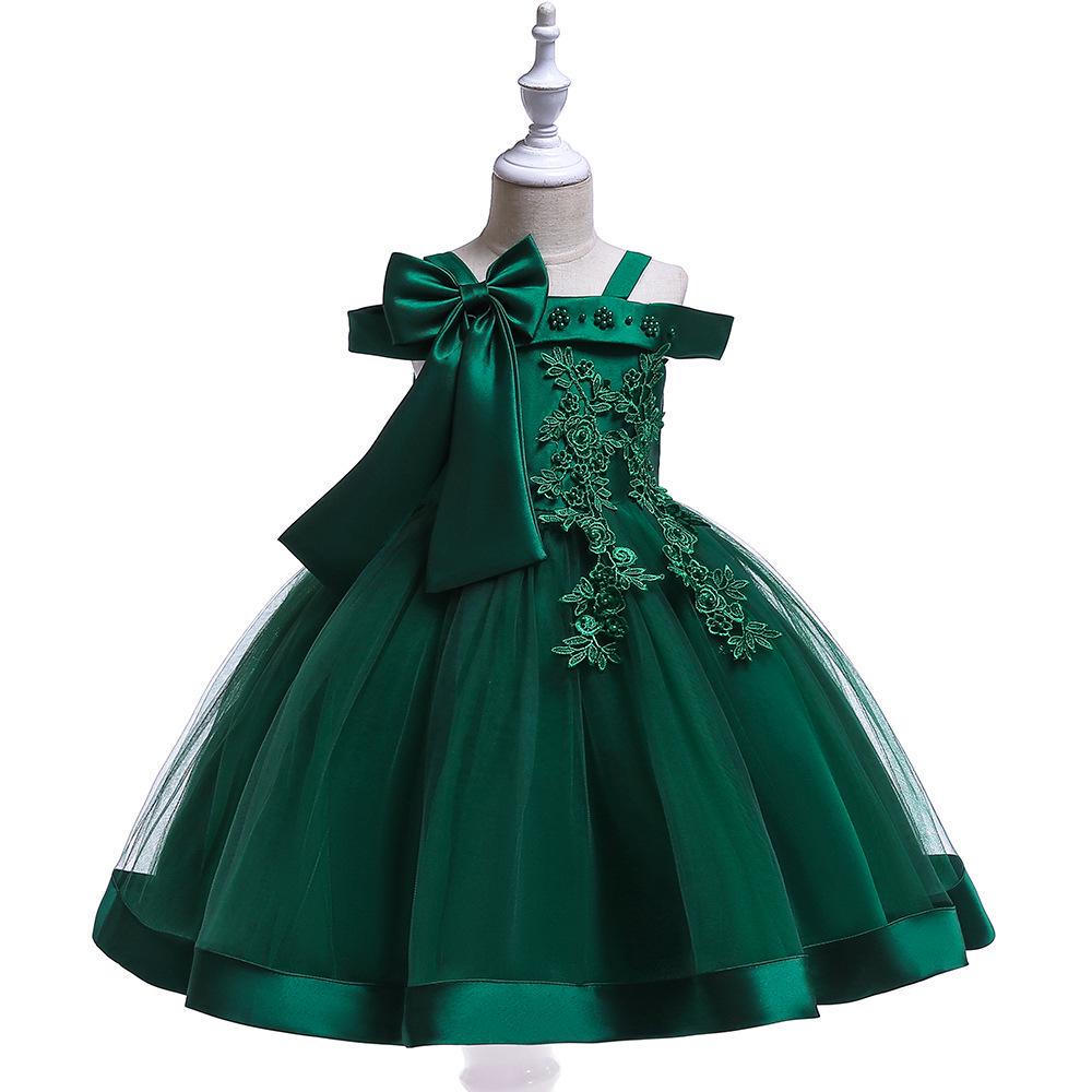 European & American Children's One-Shoulder Piano Performance Evening Dress with Bow