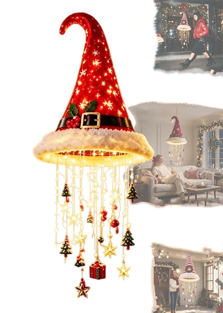 Lighted Santa Hat Hanging Chandelier – Festive Glowing Holiday Decoration for Indoor Ceiling, Living Room, Porch & Party