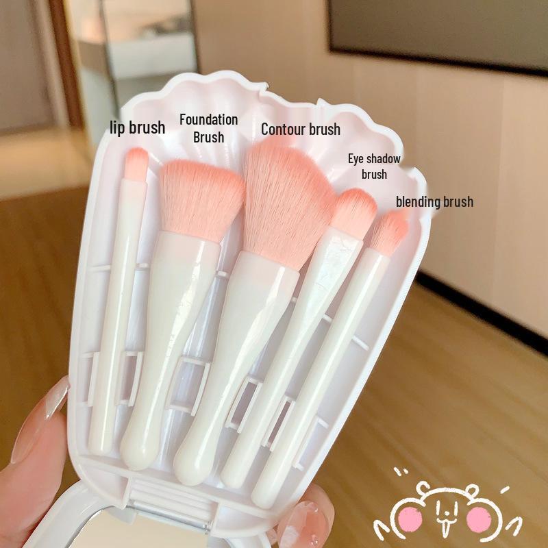 

5-Piece Portable Makeup Brush Set with Mirror - Includes Eyeshadow, Powder, Blush, and Travel Brushes
