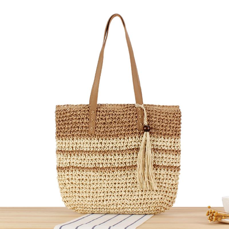 

Large Woven Straw Tote Bag For Women, Fashionable Shoulder Bucket Bag With Tassel, Spacious Beach Bag For Casual Outfit, Contrast Stripe Design хаки