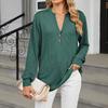 Women's Fashionable Solid Color V-neck Long Sleeved Button Casual Pullover Top