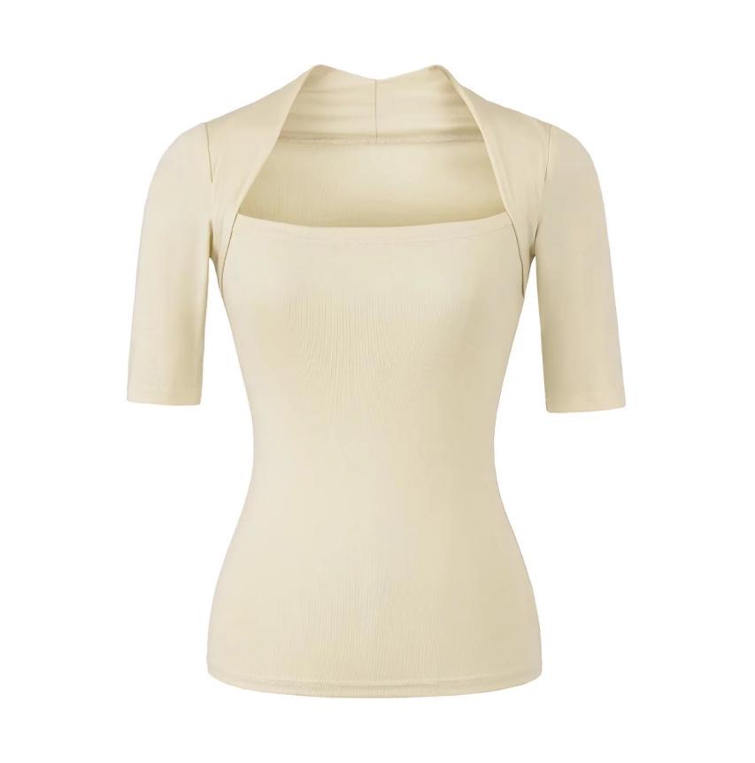 Light Gray Square Neck Slim Fit T-Shirt for Women - Short Sleeve, Waist Cinched, Ideal for Spring/Autumn