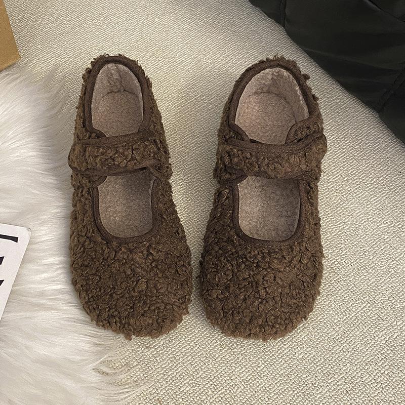 

Туфли Мао Мао женские носят осенью и зимой 2025 новый корейский модный вариант с пряжкой на ремешке из овечьей шерсти и бархата, плоские хлопковые туфли 35