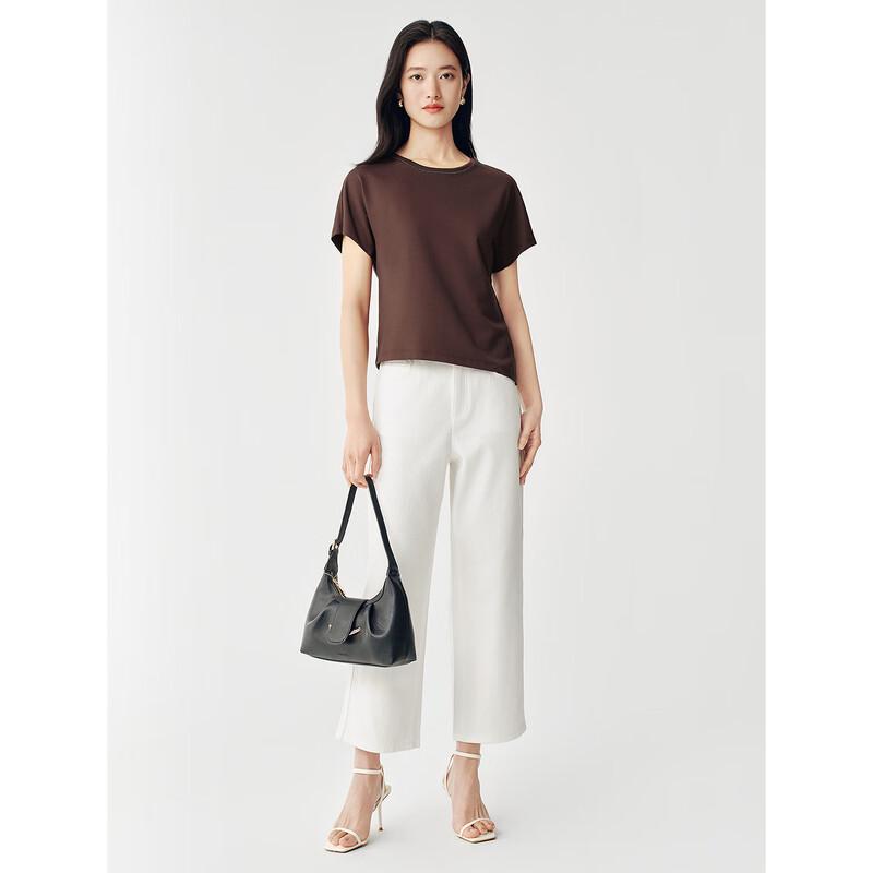 JUZUI Women's Oblique Hem Round Neck Short Sleeve Top