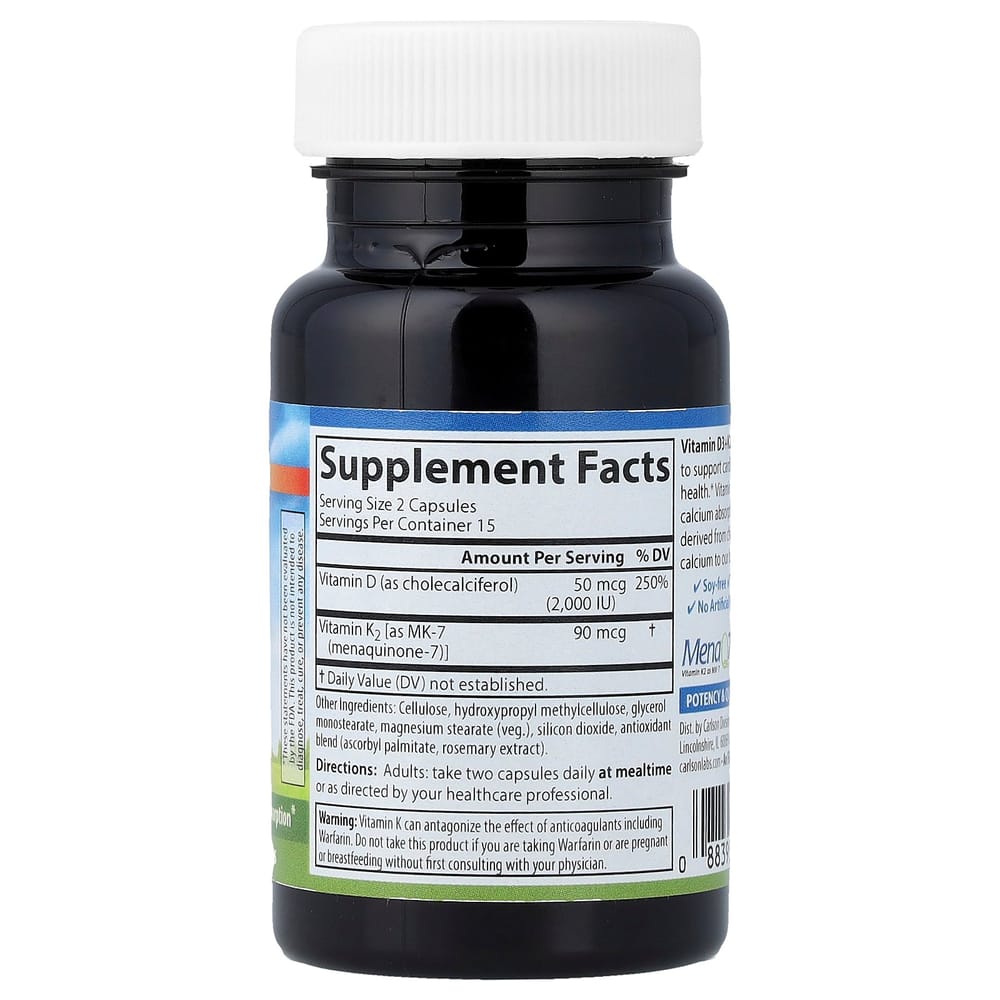 Carlson Labs Vitamin D3 + K2 Veggie Capsules, 30 Counts