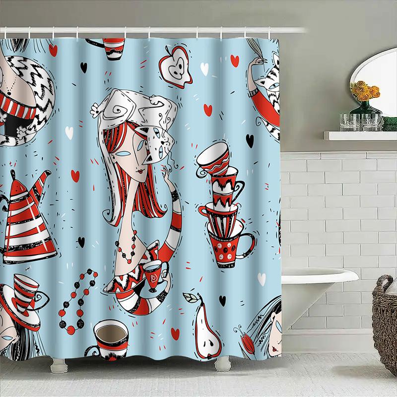 Stilvoller Cartoon-Badevorhang mit Teeparty-Thema Perfekt für Badezimmerdeko!