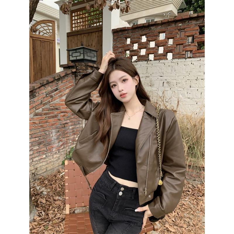 Høst Vinter Polo-hals Casual Mote Glidelås PU Lærjakke Kvinner Harajuku Cardigan Kåpe Yttertøy Topp