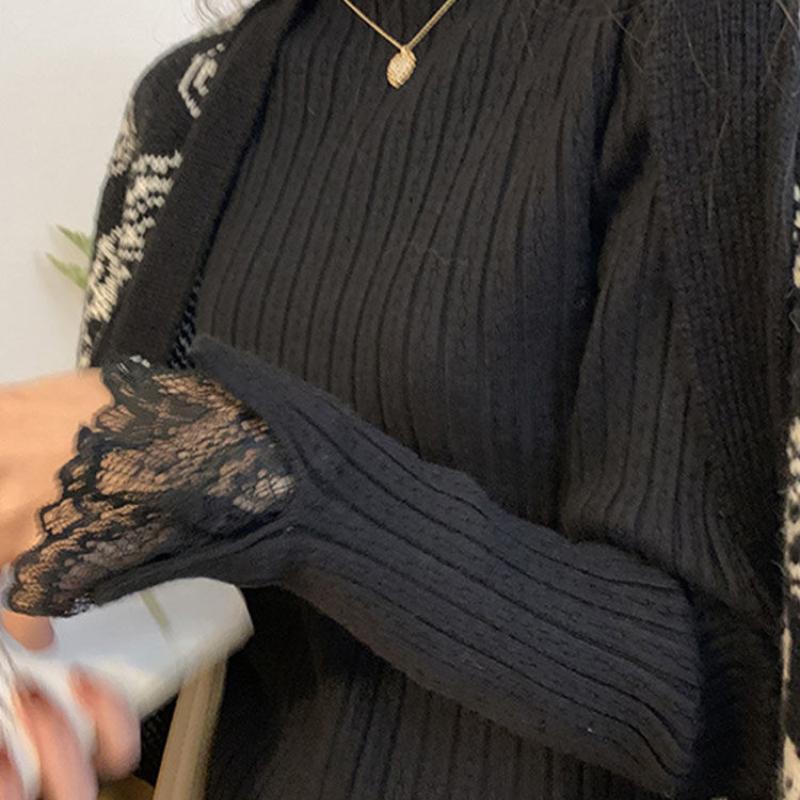 Women's Lace Trim Base Layer Autumn Spring Turtleneck Slim Fit Elegant Sweater Apricot Long Sleeve Knitted Top