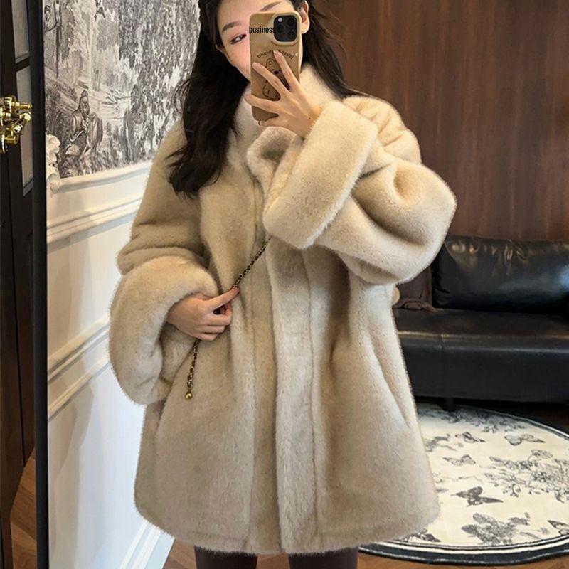 Vintage Zweifarbiger Nerzplüsch-Shearling-Mantel im koreanischen Stil mit Stehkragen und Manschettenärmeln für Damen