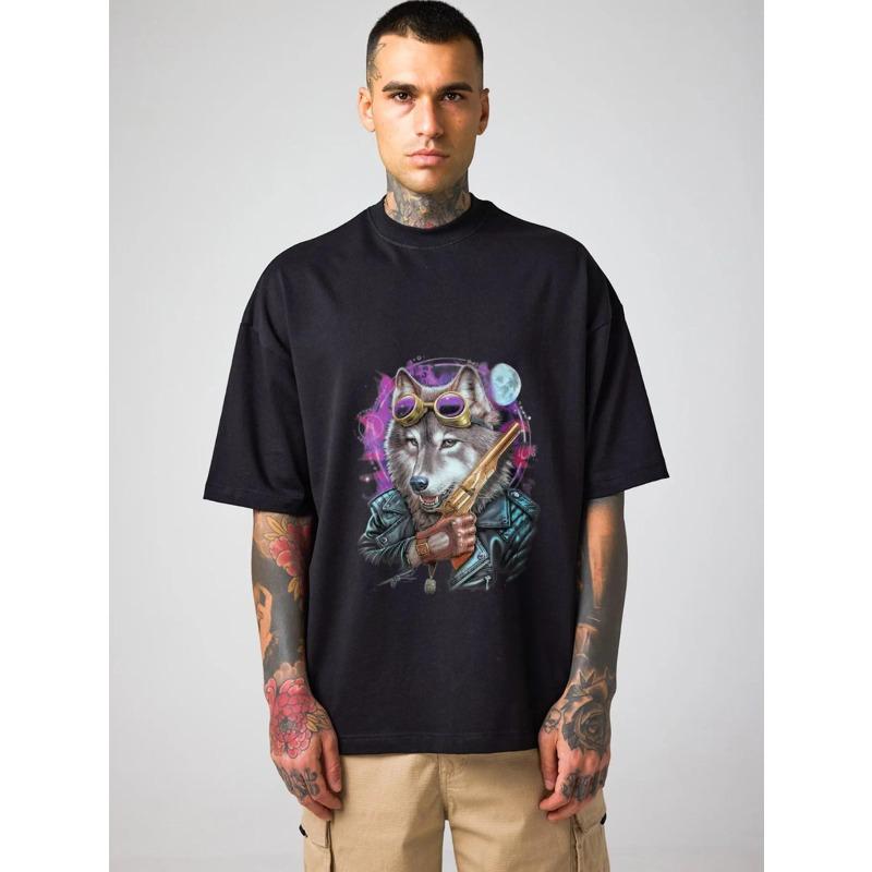 

White T Shirt Wolf with Goggles and Gun Graphic Print Casual Streetwear Top for Men and Women XXXXL чёрный