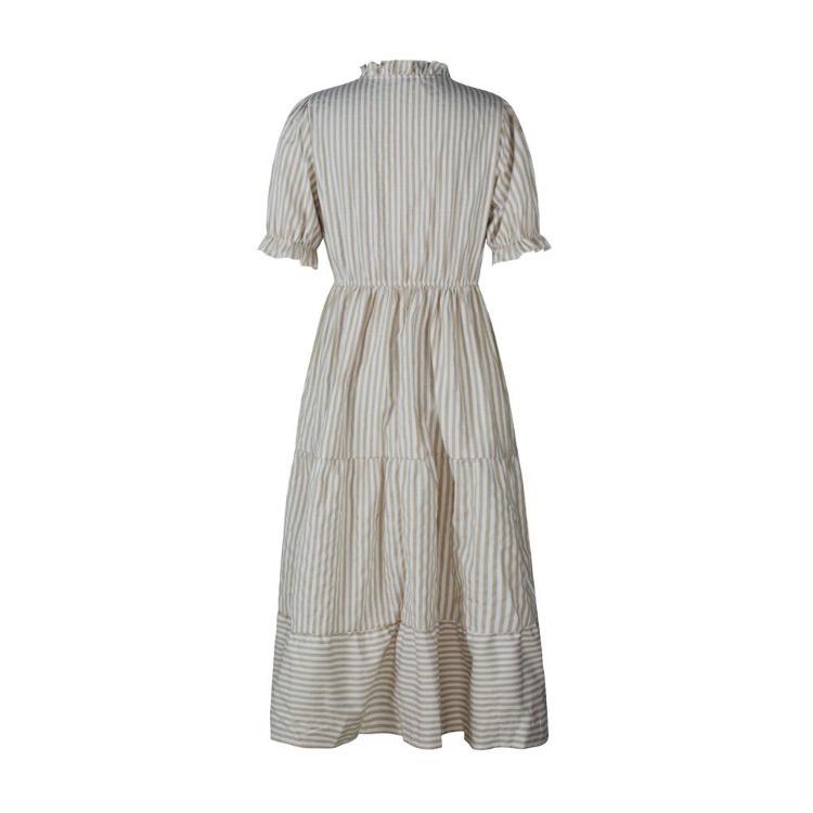 Women Summer Casual V Neck Striped Short Sleeve Button Dress Medium Long With Tassel