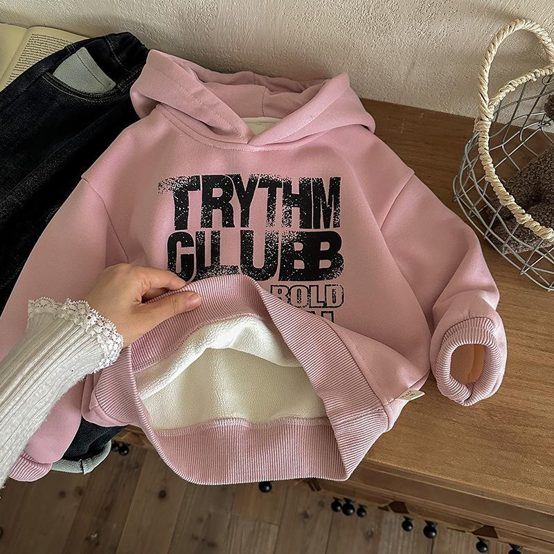 Boys' Pink Letter Hoodie - 2025 Winter Korean Style Trendy Velvet Sweatshirt for Kids