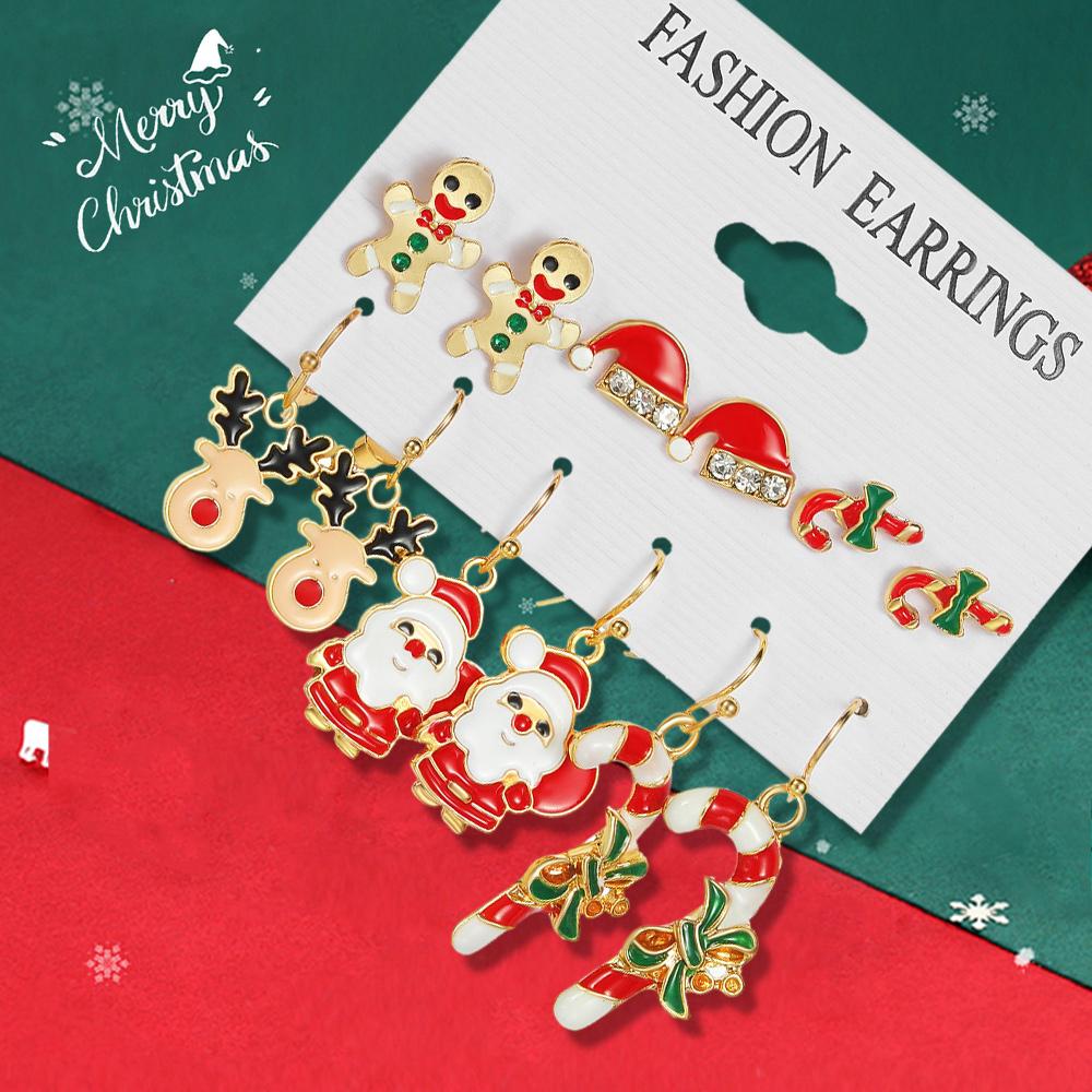 Modische Cartoon Süße Ohrringe Mit 6 Paaren Weihnachts-Stil Weihnachtsmann Und Weihnachts-Rentier Muster Ohrringe Accessoires
