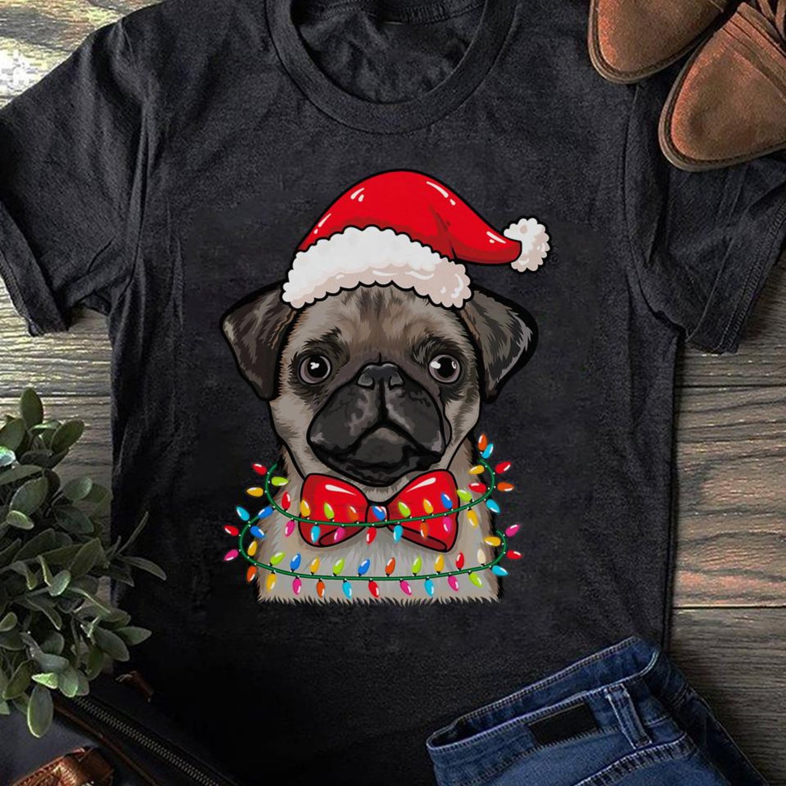 Christmas Pug T-Shirt: Dog Lover Gift, Xmas Lights Tee XXXXL