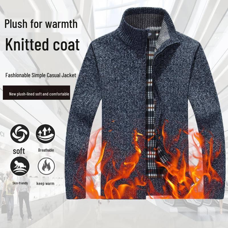 Men's Fleece-Lined Stand-Up Collar Cardigan: Thick, Solid Color, Plus Size Knit for Autumn/Winter.