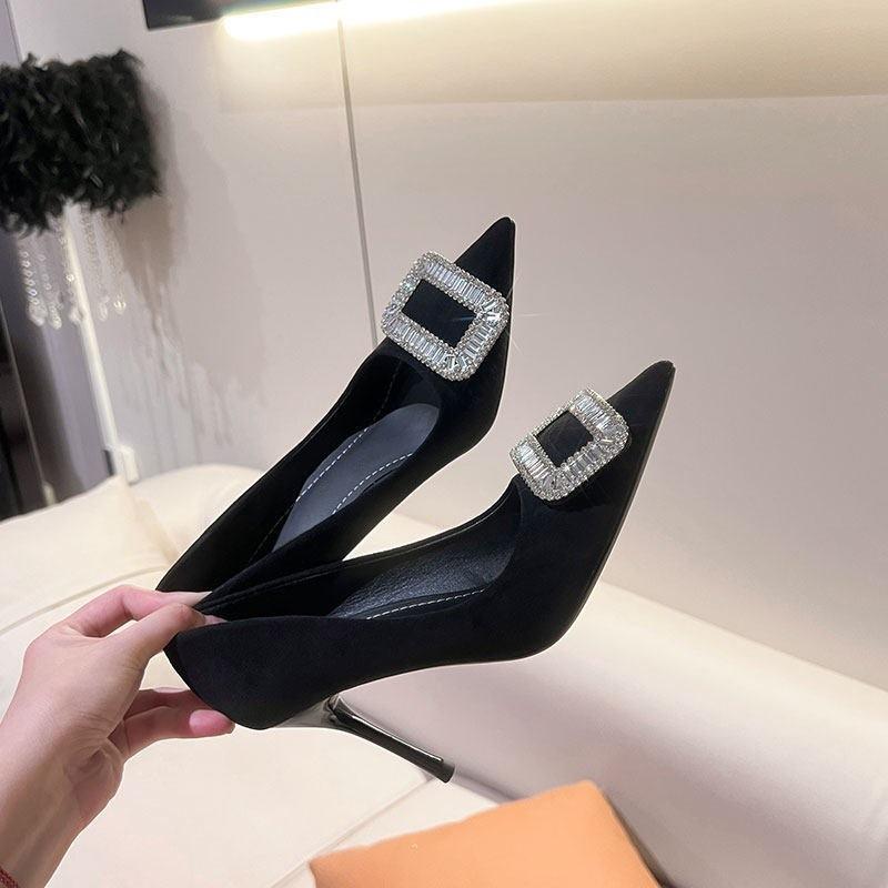 Premium Light Luxury Rhinestone Black High Heels Femininity Pointed Head Thin Heels Not Tired Feet Single Shoes Women