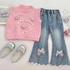Girls' Pink Heart Knit Vest & Flare Jeans Three-Piece Set - 2025 Fashion Style
