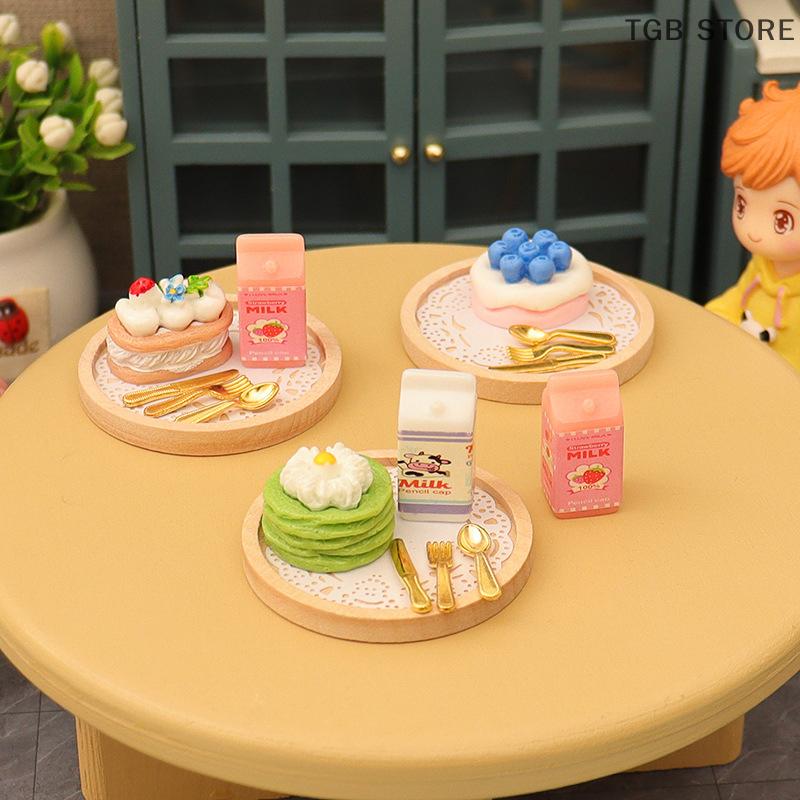 1Set Miniature Milk Cake Fork Tray Food Model 1:12 Dollhouse Kitchen Decor Toy For Doll House Accessories Kids Gift
