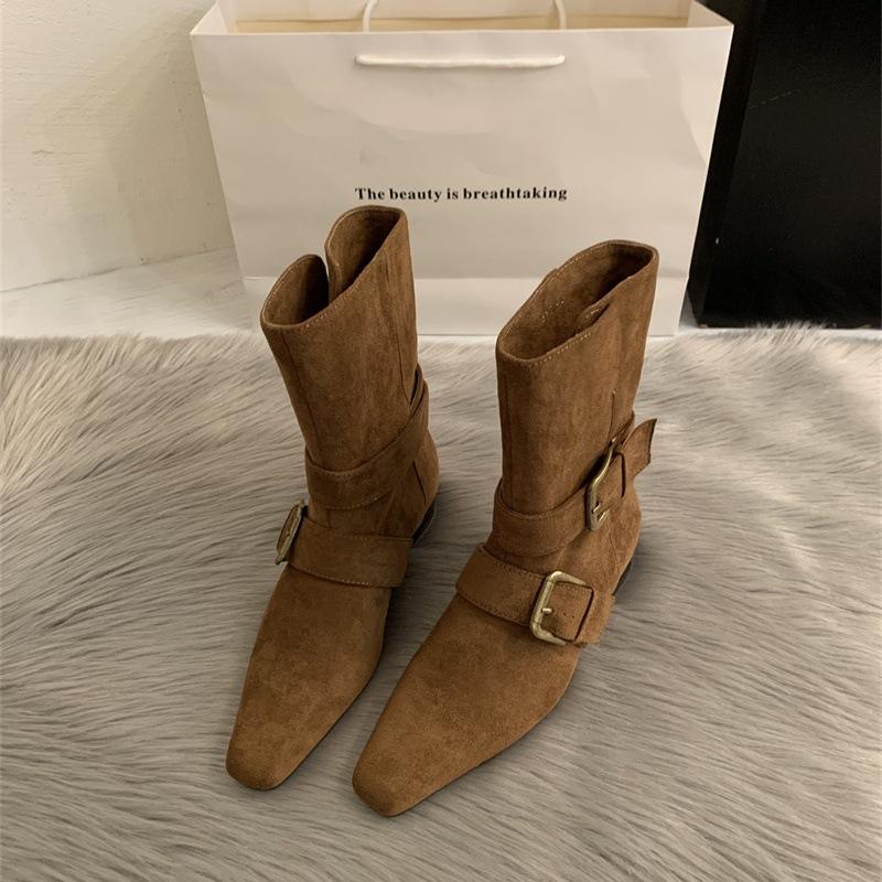 2025 Korean version of the new niche design retro French short boots small square head western boots casual medium boots women's boots