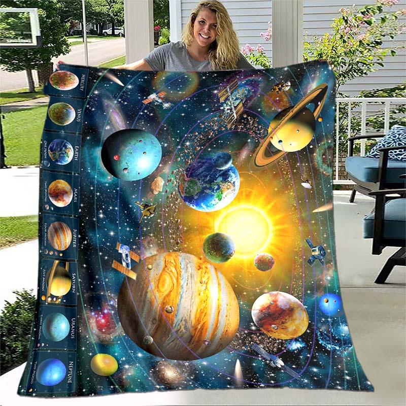 1pc Cosmic Planet Flannel Blanket Soft For Home-Throw For Sofa Bed Travel Camping Livingroom, Office, Couch, Chair, And Bed