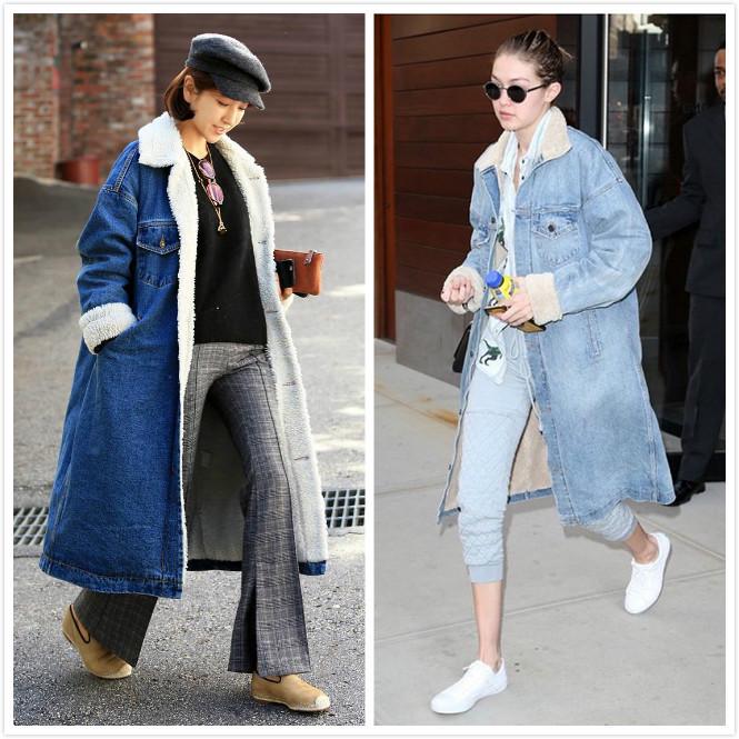 Women`s Mid-Length Lamb Wool Denim Jacket