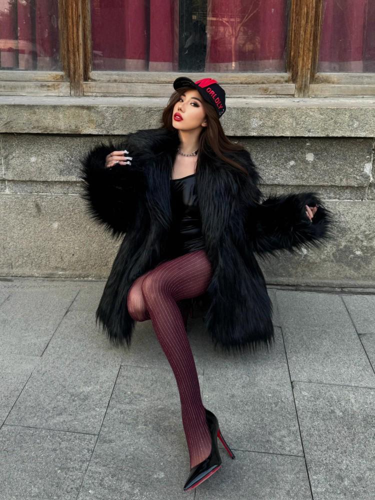 2025 Eco-Friendly Faux Fur Fox Coat for Women - Black, Autumn/Winter