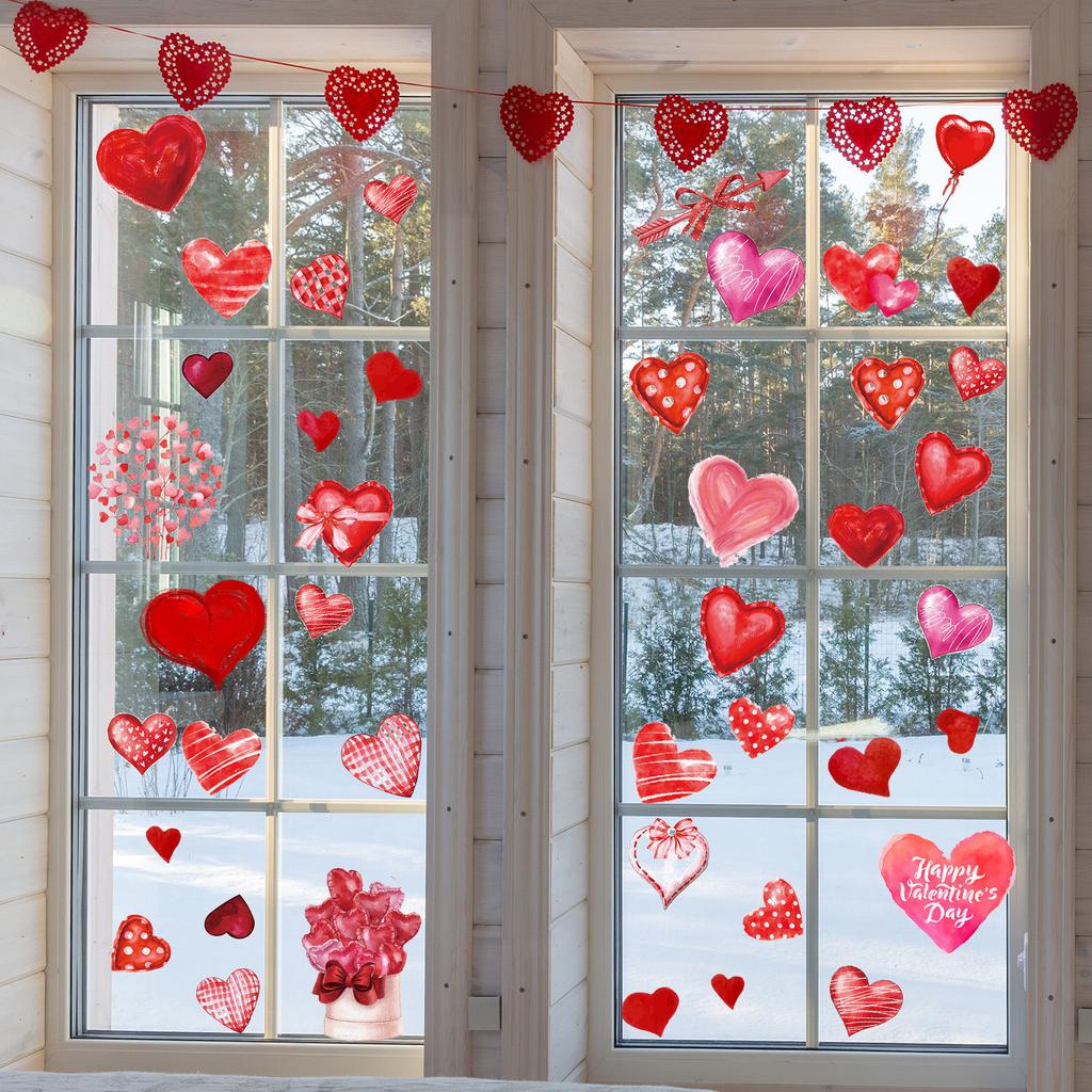 9 Sheets Watercolor Love Heart Print Window Decal Romantics Valentines Day Decors for Glass Door Window Sticker Clings