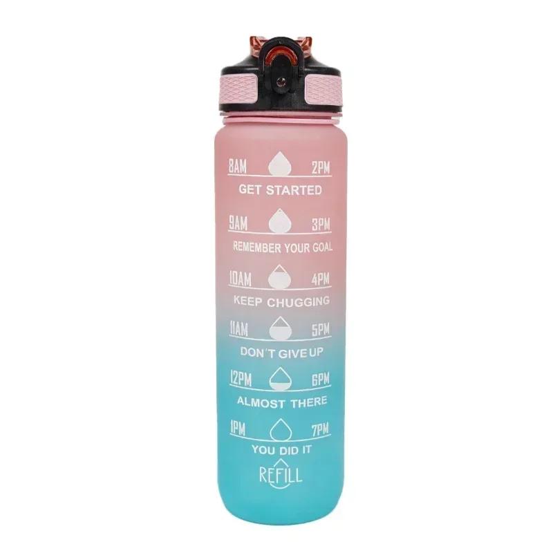 Large Capacity Water Bottle With Time Marker And Straw Gradient Color Leakproof Drinking Sports Bottle For Fitness Gym Outdoor