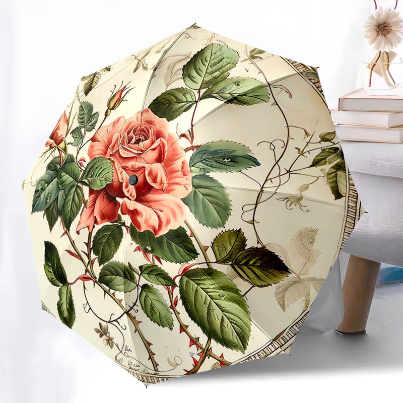 Flower Theme Folding Umbrella - Fashionable Auto-Open Design 8 Iron Ribs Plastic Handle Foldable Sunshade Perfect Christmas Gift