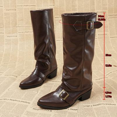 Round Head Thick Heel Long Knight Boots Temperament European and American Style Big Tube Circumference Belt Buckle Long Trouser Boots