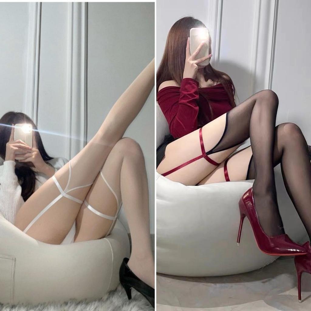 Wrap-Around Sexy Suspender Socks Integrated Women'S Black Silk Pure Desire Cross Leg Ring Stockings Red Edge Black Long Knee Socks