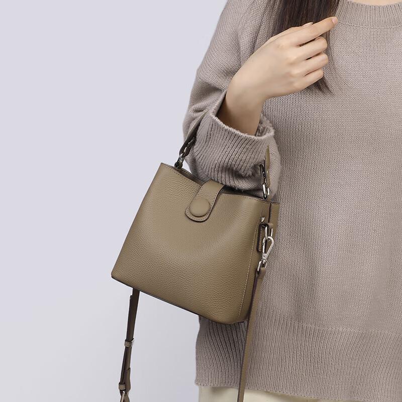 Viney Leather Handbag, Bucket Bag, Crossbody Bag, Shoulder Bag, Khaki