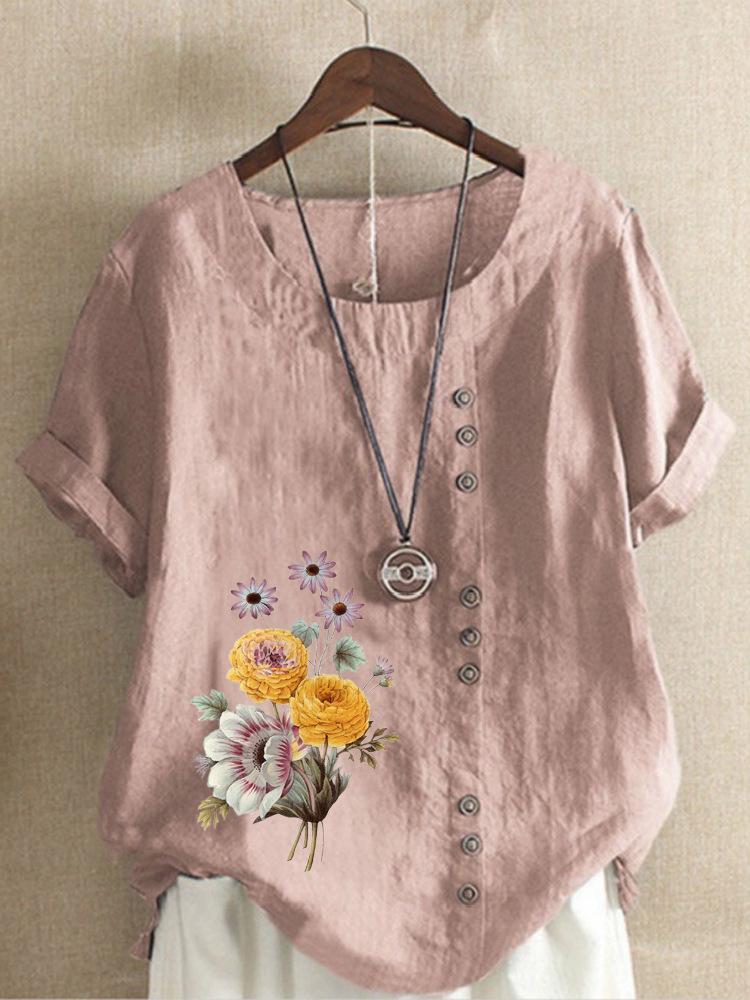 Europe and The United States Printing Cotton Linen Short-sleeved Ladies T-shirt