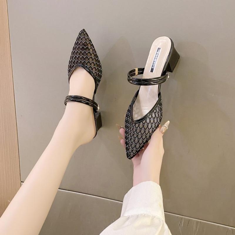 

Fashion 2025 Summer Sexy Pointed Toe Sandals Thin Strap Mulles White Yellow Women Shoes Elegant Women Fashion Square Heels Slippers 35 чёрный