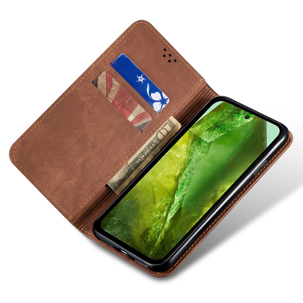 For Google Pixel 8a Case Jeans Cloth Texture Leather Phone Cover with Cash Card Holder
