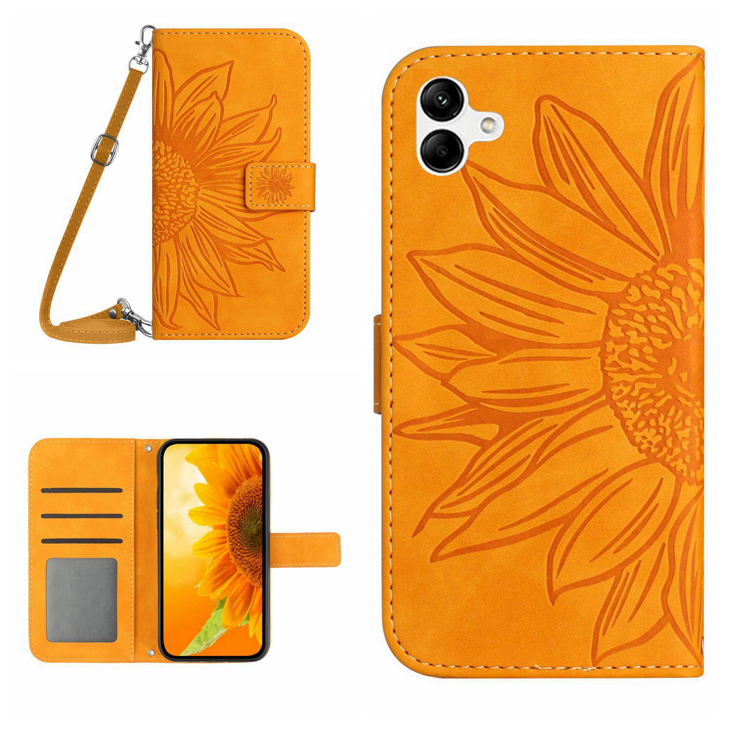 

For Samsung Galaxy A07 4G Case Sunflower Imprint PU Leather Phone Cover with Long Strap F