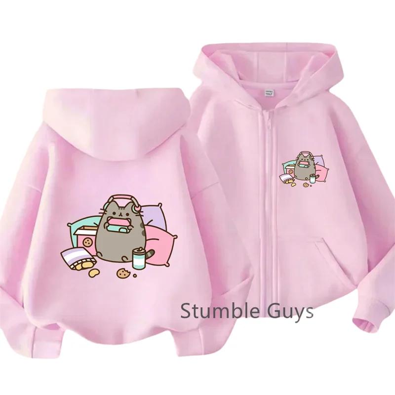 Cozy Pusheen Cat With Headphones Snacks Front Back Zip Up Hoodie For Kids Long Sleeve Lovely Cartoon Casual Outerwear Jacket