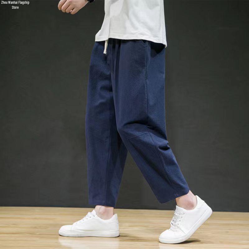 Men's Trendy Loose-Fit Cotton Linen Summer Pants - Lightweight, Casual, All-Match, Plus Size, Nine-Point Length.