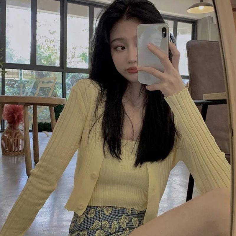 Set două piese în stil coreean pentru femei, toamnă, culoare caramelă, cu mânecă lungă, tricotat cu nervuri, pulover decupat și vestă asortată