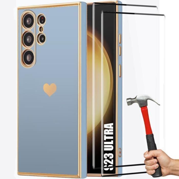 Coque pour Samsung Galaxy S23 Ultra - Bleu - Antichoc - Motif Cœur - Silicone - 2 Verres Trempés